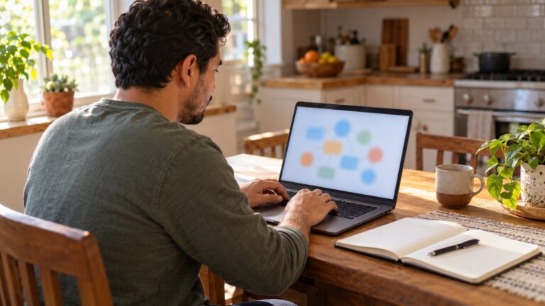 Hombre estudiando en su laptop en la mesa de la cocina, con un cuaderno abierto al lado
