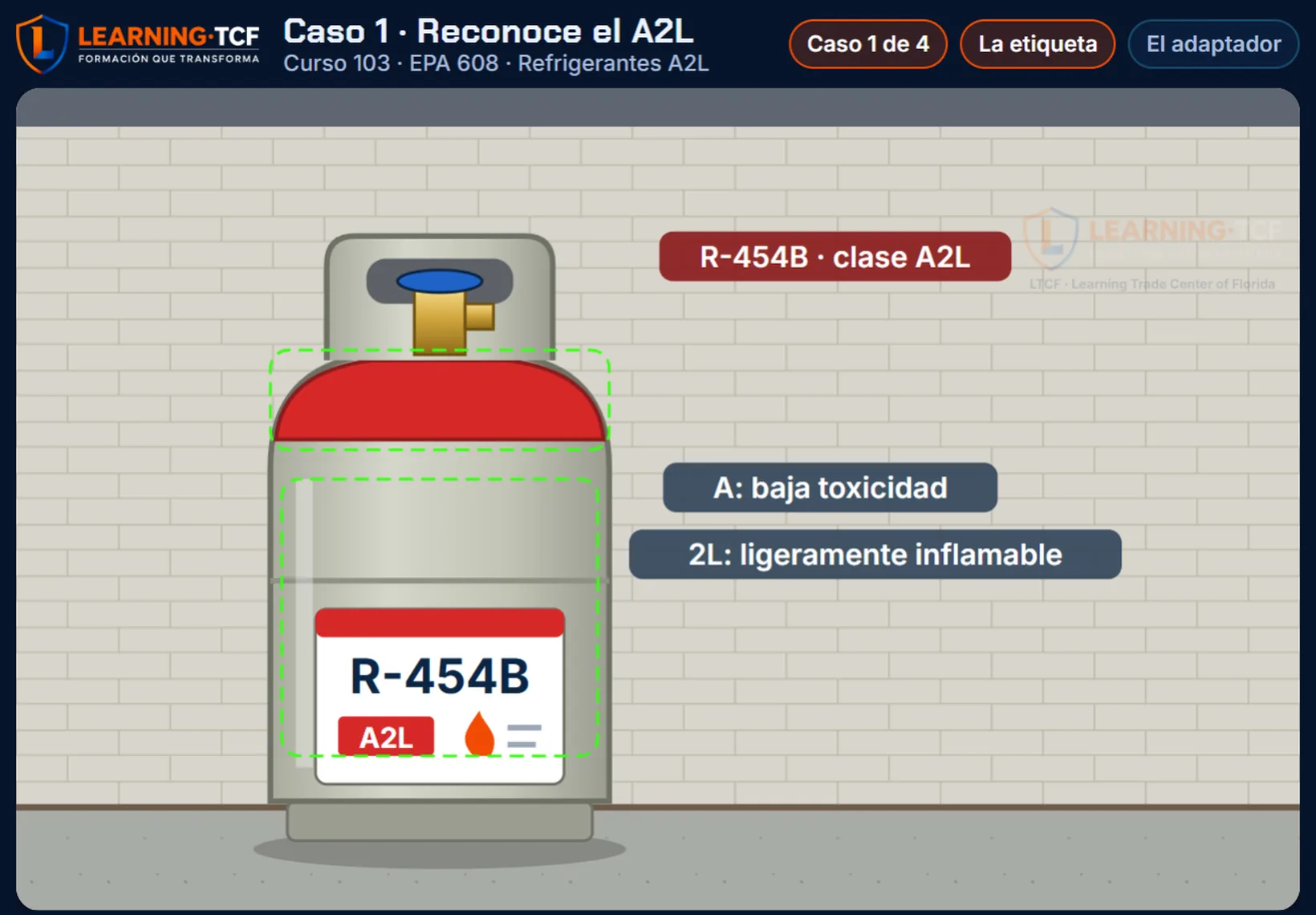 Práctica de A2L: el cilindro de R-454B con su banda roja y su etiqueta A2L, baja toxicidad y ligeramente inflamable