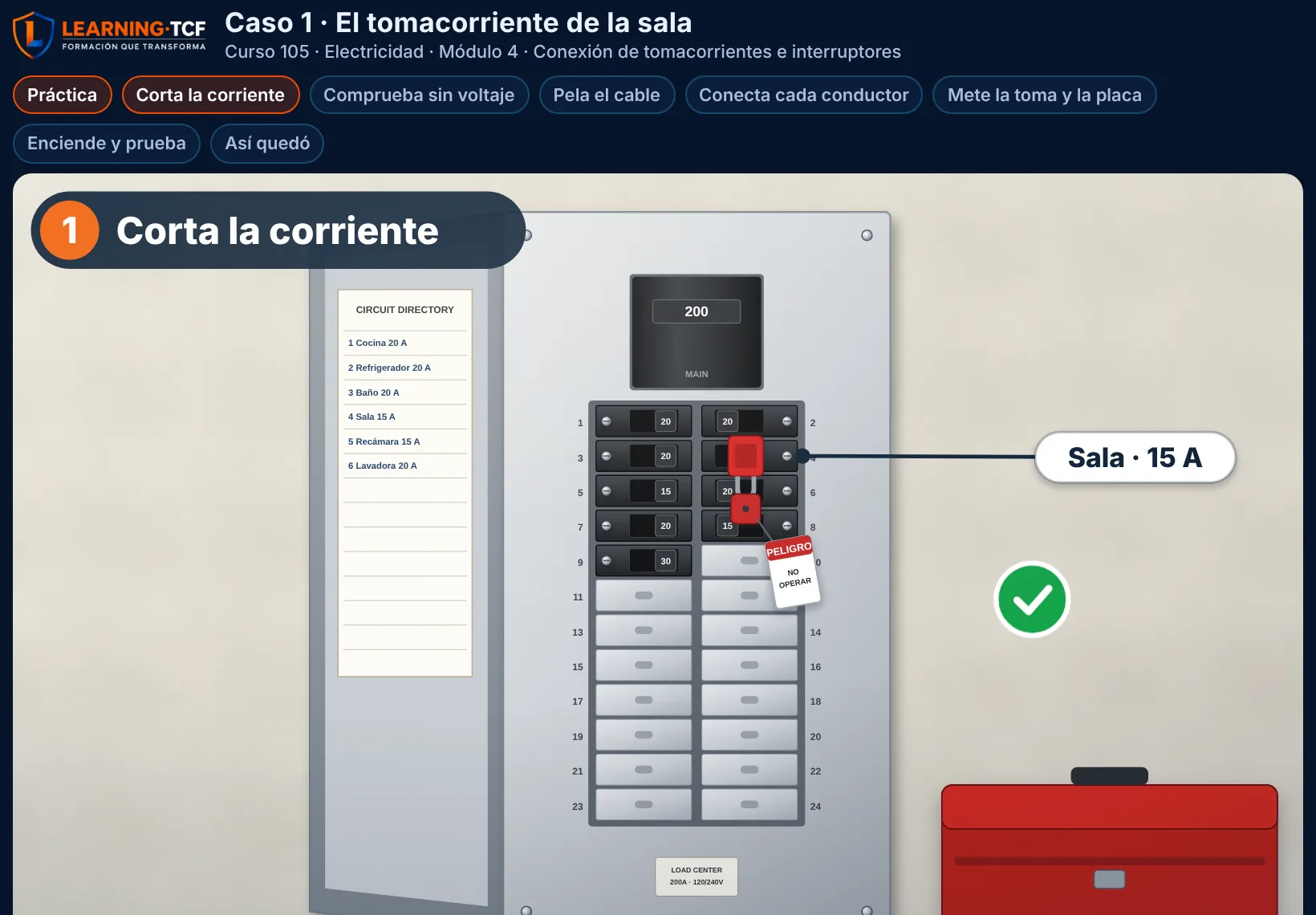 Práctica de prueba de Electricidad: el breaker de la sala apagado en el panel, con su candado y la etiqueta de peligro