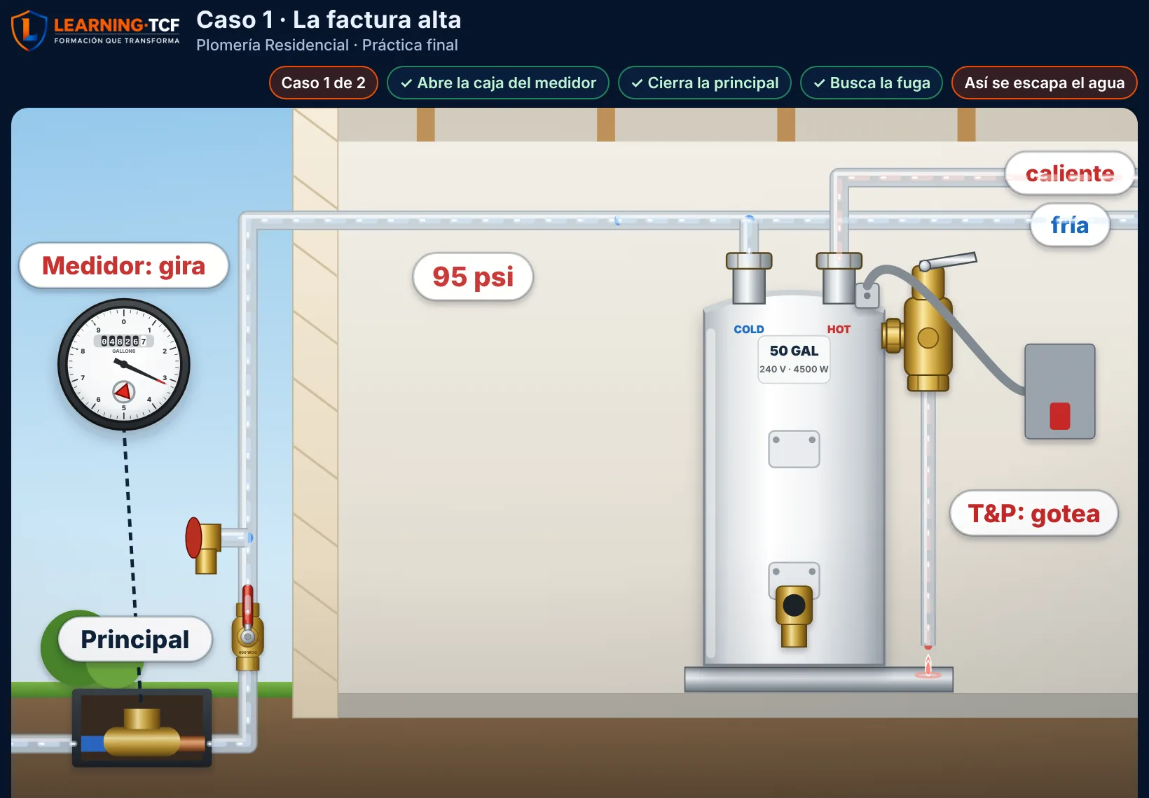 Práctica de prueba de Plomería: el calentador con la válvula de alivio (T&P) goteando a la bandeja y el medidor de agua girando aunque nadie usa agua